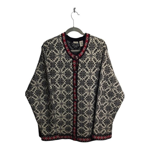 L.L. Bean Sweaters - L.L. Bean 100% Merino Wool Cream and Black Patterned Cardigan with Red Trim